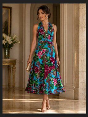 Floral Halter Midi Dress Summer Dress Tropical Blue Pink Ruching Evan Picone 12